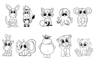 A large set of cute animals drawn with a black outline. Wild animals vector