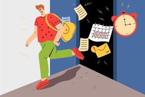 A man runs away from work, the end of the working day. Work in the office. No overwork vector