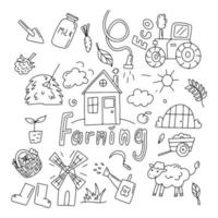 Doodle icons for farming. A large set of hand-drawn elements with a tractor, a mill. vector