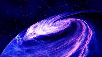 Galaxia espiral barrada girando en el espacio volando a través de las estrellas. Fuerzas gravitatorias espirales de la galaxia espiral. representación 3d foto
