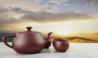 Terracotta teapot and teacups are placed on a white marble surface table. The background is a picture of the mountain landscape in the morning, the dawn and the morning sun. 3D Rendering photo