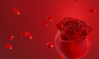 Red rose without stalks and leaves on red background. Falling rose petals. 3D Rendering. photo