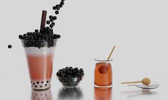 Boba milk Tea or Bubble Milk Tea with honey in clear bottle. Many black pearl jelly for topping . White background and refection on surface and 3D rendering. photo