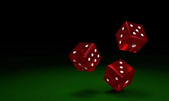 Transparent red dice are falling on the green felt table. The concept of dice gambling in casinos. 3D Rendering photo