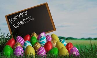 Colorful Easter eggs on  green grass with white cloud blue sky . blurred natural background photo