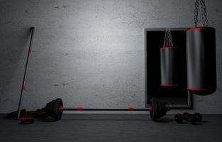 Sandbag with dumbbells  and Barbells color black in fitness room at home. Gray Plaster and dirty old wall. Fitness equipment for workout in Gym.Barbell with weights plate on floor. 3D rendering