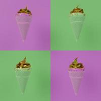 Seamless Lime Green and Pink ice cream cone. Crispy waffles and pink ice cream texture. Golden ice cream filling covered with golden sugar sprinkle dots. Ice cream on a pink background. 3D Rendering photo