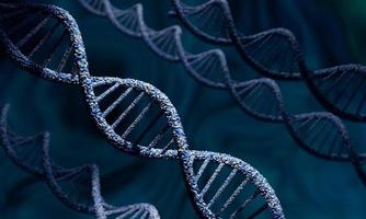 DNA molecule spiral structures on abstract dark blue background. Biology, science and medical technology concept. 3D illustration and rendering photo