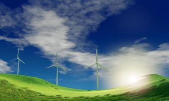 molino de viento y fondo de nube blanca de cielo azul. aerogenerador en un parque eólico en rotación para generar energía eléctrica al aire libre con un árbol de pradera. fondo de paisaje llano para el cartel de verano. foto