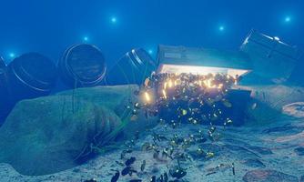 el viejo cofre del tesoro hundido bajo el mar. la luz brilló fuera del cofre del tesoro. bajo la atmósfera del mar, hay rocas, arena y cofres del tesoro enterrados. representación 3d foto