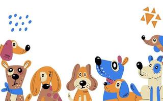 marco de póster con perros de diferentes razas. elementos abstractos dibujados a mano. vector
