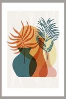 Template with abstract composition of simple shapes. tropical palm leaves in a vase. Collage style, minimalism. Pastel earthy colors vector