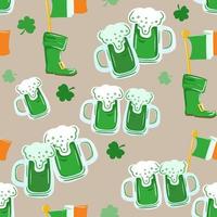 Seamless St. Patrick's Day pattern of Irish symbols. Green clover leaf and other hand drawn elements vector