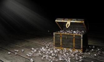 Numerous diamonds dashed out of the treasure chest. The treasure chest is made of wood. Put on a plank floor There are lights and God rays.3D Rendering. photo