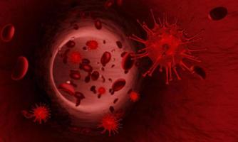 modelo de virus y sangre en las venas del cuerpo humano. concepto de ataque de coronavirus covid-19. peste y cuerpos extraños en humanos. representación 3d foto