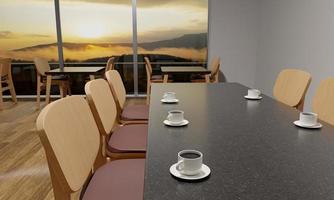 Restaurant or coffee shop. The scenery outside is foggy mountains and sunshine in the morning. A white coffee mug. Marble table top decorated with wooden chairs, floor covered with parquet.3DRendering photo