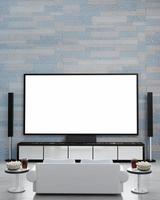 Home Theater brick marble pattern wallpaper without people. Screen TV and  Audio equipment for Mini Home Theater. White sofa bed marble floor. Cola and ice cube clear glass with popcorn. 3D Rendering. photo