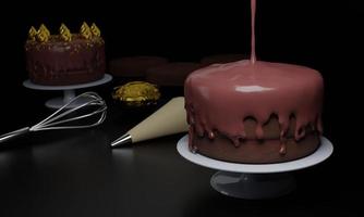 el proceso de hacer 3 capas de pastel de chocolate suave. verter la salsa de chocolate sobre el bizcocho. difumine el equipo para hacer pasteles y el pastel que espera ser vertido sobre la salsa. representación 3d foto