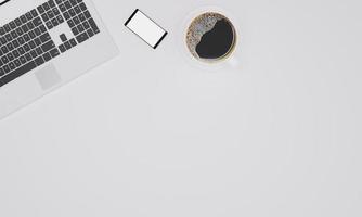 White office desk table with laptop computer, cup of black coffee and smartphone. Top view with copy space, flat lay. 3D Rendering. photo