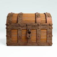 Old and broken vintage pirate treasure chest. Rotten and broken. For storing valuables Made of cracked wood And rusted metal texture  on white background and wallpaper.3D Rendering. photo