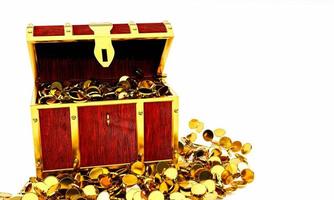 Numerous gold coins spilled out from the treasure chest. Old-style wooden treasure chest tightly assembled with rusted metal strips. 3D Rendering