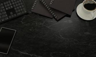 The office desk has items such as keyboards, books, black coffee mugs, and smartphones. The Notebook is made of gray imitation leather. Punched leather book cover on the spine. 3D Rendering photo
