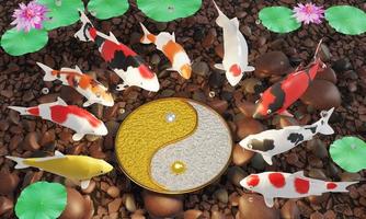 un grupo de peces koi o porquerías nadan en círculo. rodear los signos yin y yang transmite feng shui. el suelo del estanque está lleno de rocas. y representación 3d de loto rosa. foto