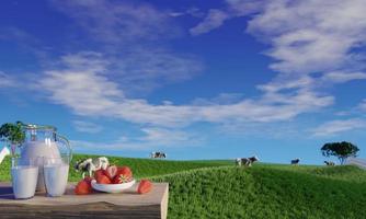 Fresh milk in clear glass and milk jug on the tree bark floor. Bright green grassland cows are walking freely and enjoying eating grass. Clear blue sky with white clouds. 3D rendering