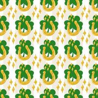 Seamless St. Patrick's Day pattern of Irish symbols. Green clover leaf and other hand drawn elements vector