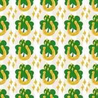 Seamless St. Patrick's Day pattern of Irish symbols. Green clover leaf and other hand drawn elements vector