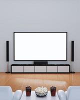 cine en casa en la pared de yeso blanco. Tv de pantalla grande y equipo de audio para mini cine en casa. mesa de sofá blanco sobre suelo de madera. cola y cubo de hielo en vidrio transparente con palomitas de maíz. representación 3d foto