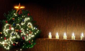 pinos decorativos para la temporada navideña, bolas decorativas y luces intermitentes, celebraciones navideñas y de año nuevo. pared de madera para fondo y luz de velas. representación 3d foto