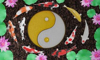 un grupo de peces koi o porquerías nadan en círculo. rodear los signos yin y yang transmite feng shui. el suelo del estanque está lleno de rocas. y representación 3d de loto rosa. foto