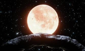formaciones rocosas de forma redonda en la montaña hay una luna llena de fondo roja o naranja con halo. cielo brillante en un cielo nocturno estrellado. representación 3d foto