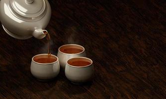 taza de té de cerámica blanca sobre una superficie de madera y un fondo negro, vierta el té de la tetera en la taza. representación 3d foto