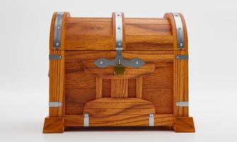 New antique treasure chest, made of teak, reinforced with metal plates and pins, locked with a golden padlock. White floor and background.3D Rendering photo