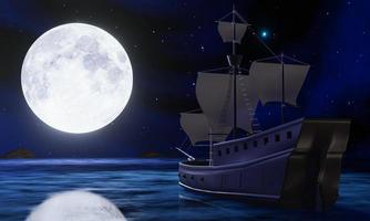 los barcos piratas encuentran un cofre del tesoro en el mar o el océano en la noche de luna llena. silueta o sombra de un velero que refleja la superficie del agua por la noche con estrellas en el cielo. representación 3d foto