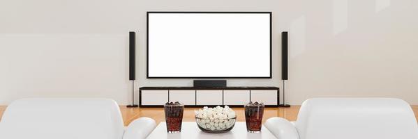 Home Theater on white plaster wall. Big wall screen TV and  Audio equipment use for Mini Home Theater. white sofa table on wooden floor. Cola and ice cube in clear glass with popcorn. 3D Rendering. photo