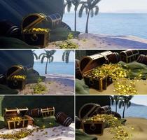 un juego de monedas de oro se encuentran dispersos en cajas o cofres del tesoro. cofre del tesoro de madera puesto en la playa en una isla desierta con el tema del tesoro pirata. representación 3d foto