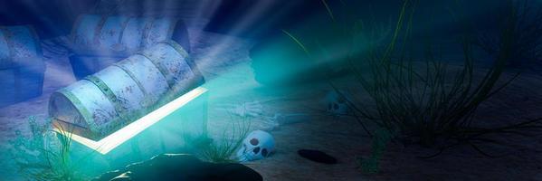 The old treasure chest sunk under the sea. The light shone out of the treasure chest. Under the sea atmosphere, there are rocks, sand, and treasure chest buried. 3D Rendering photo