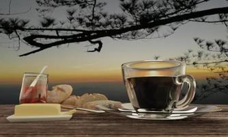 café negro en vidrio transparente y pan casero en carnicería para el concepto de desayuno en mesa de madera. desenfoque de fondo vista de montaña y amanecer. representación 3d foto