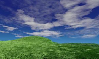 cielo azul y hermosa nube con pradera y sol. fondo de paisaje llano para el cartel de verano. la mejor vista para vacaciones. imagen de campo de hierba verde y cielo azul con nubes blancas. procesamiento 3d foto