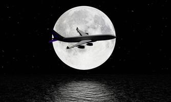 la silueta del avión de pasajeros blanco voló más allá de la luna llena y las estrellas llenas de cielo. el avión voló más allá de la superficie del mar. la luna llena se refleja en la superficie del mar. representación 3d foto