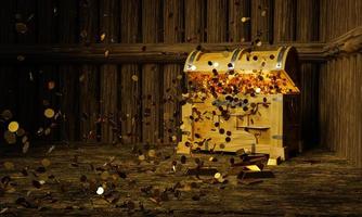 Numerous gold coins spilled out from the treasure chest. Old-style wooden treasure chest tightly assembled with rusted metal strips. Golden Coin and bar on floor. 3D Rendering photo