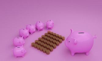 Many pink piggy banks stood around a pile of gold coins. Many gold coins. Stack. Background and pastel pink background. 3d rendering photo