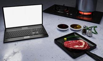 Learn to cook online. How to cook food and recipes from the internet. Meat for cooking steak on the pan. There is butter and pepper. Computer or Laptop for studying online in the kitchen. 3D Rendering photo