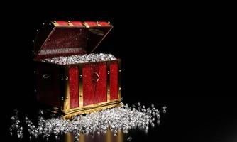 Many diamonds in a golden vintage treasure chest and falling down to the ground used for the Gem storage box concept. A treasure on black background and reflection on the floor. 3D Render. photo