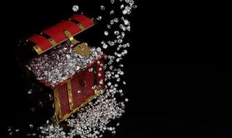 Many diamonds in a golden vintage treasure chest and falling down to the ground used for the Gem storage box concept. A treasure on black background and reflection on the floor. 3D Render. photo