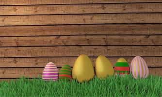 colorful Easter eggs  on grass wooden plank wall background. 3D rendering use for background and wallpaper.