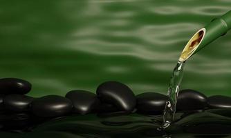 Clearwater flows out of bamboo sections. The shiny black stones overlap. The background is green and yellow waves like water waves. Spa style images. 3D Rendering photo